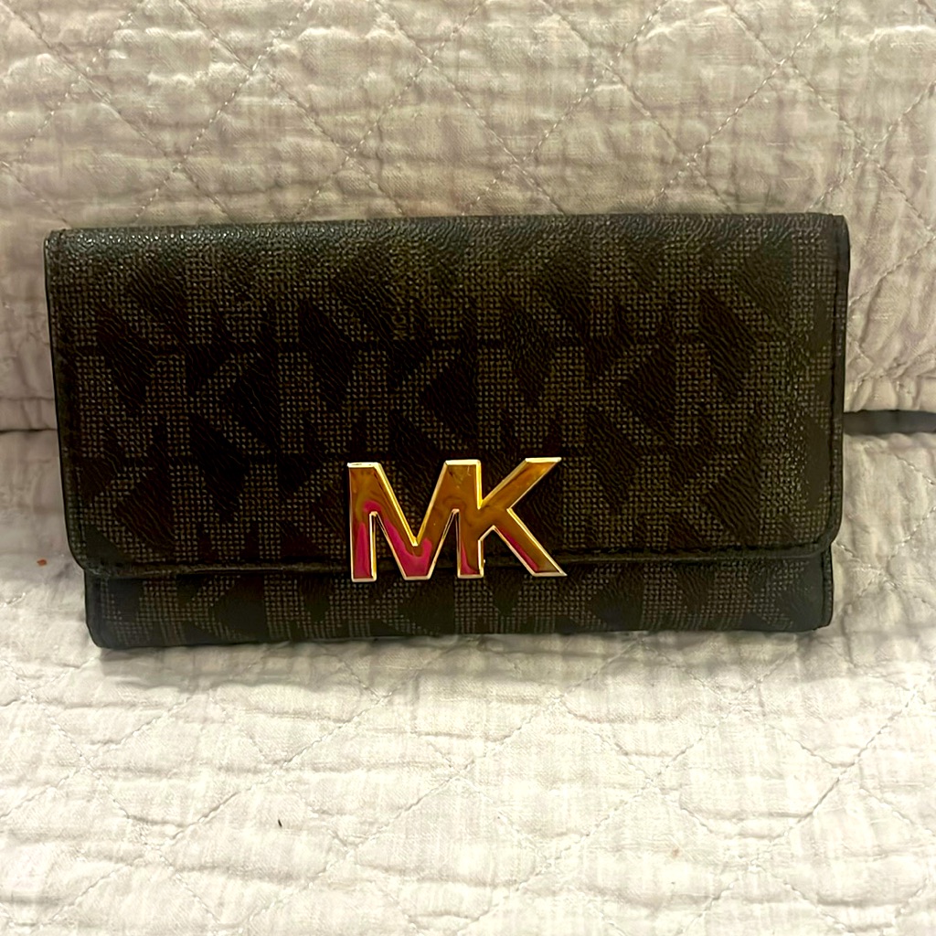 Michael Kors Bi-Fold Wallet Logo Print Brown Gold Mk